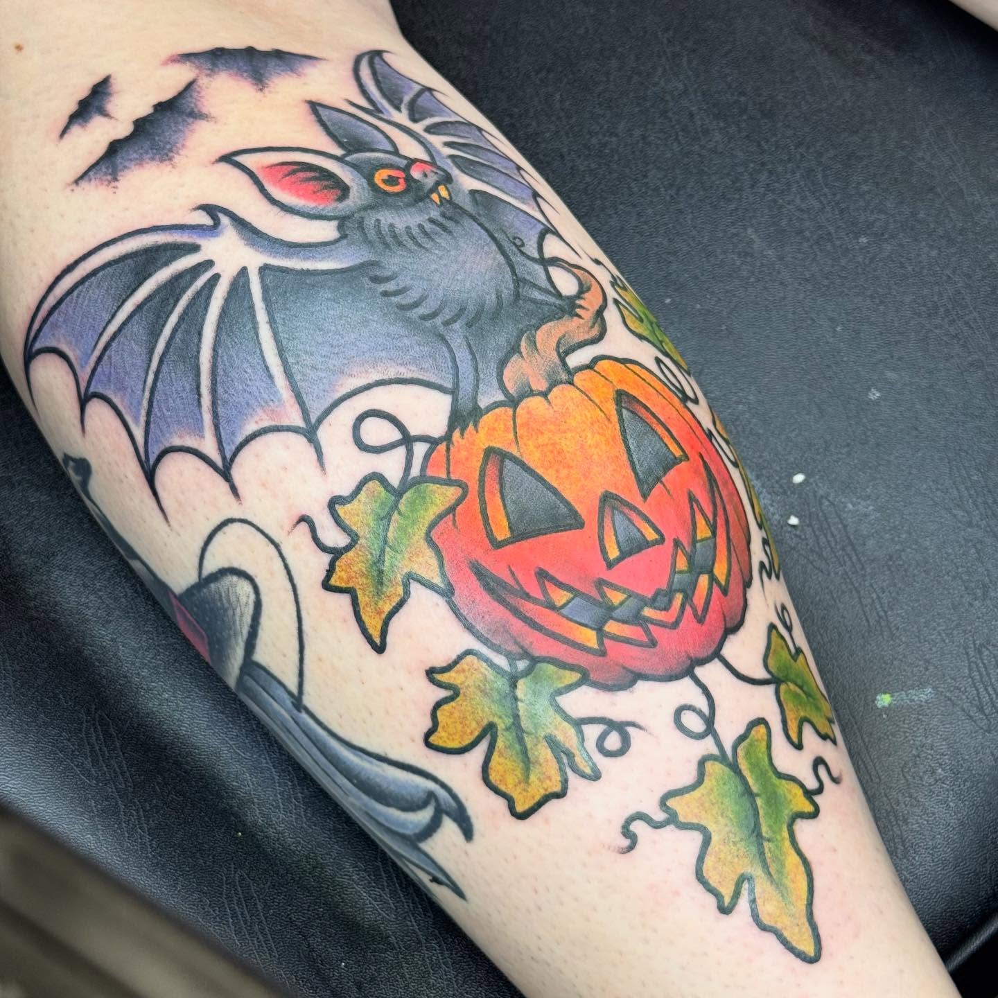 Pumpkin and bat American traditional tattoo on the forearm by β¦ πΉπππ π°ππ π·ππππππππ β¦, Nashville, Tennessee