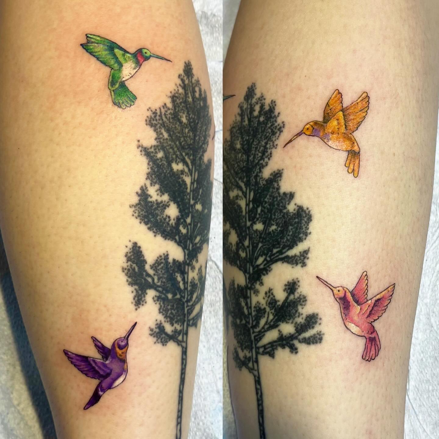 Hummingbirds and tree realism tattoo on the forearm by 🍄‍🟫🍄Moth🍄🍄‍🟫