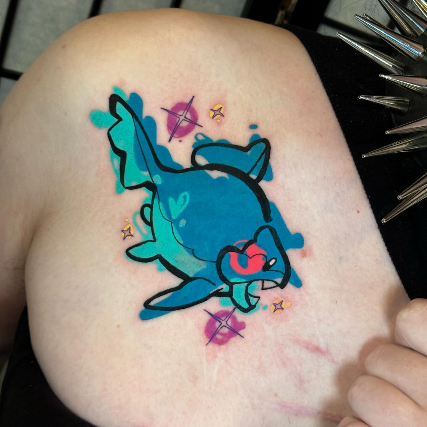 Cat new school tattoo on the shoulder by Taylor Nicoll Chunn