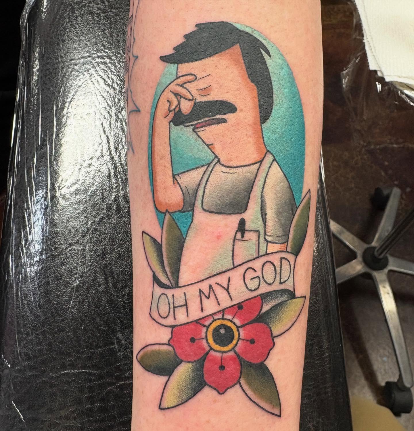 Bob Belcher American traditional tattoo on the forearm by Jakob Ristau, Kansas City, Missouri