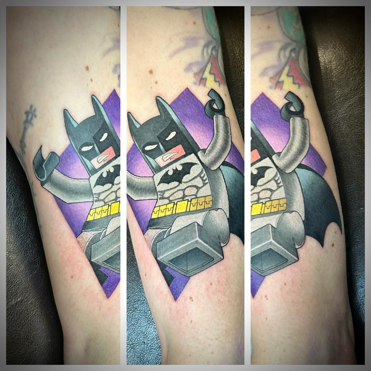 Lego batman geometric tattoo on the forearm by Steve Hooker