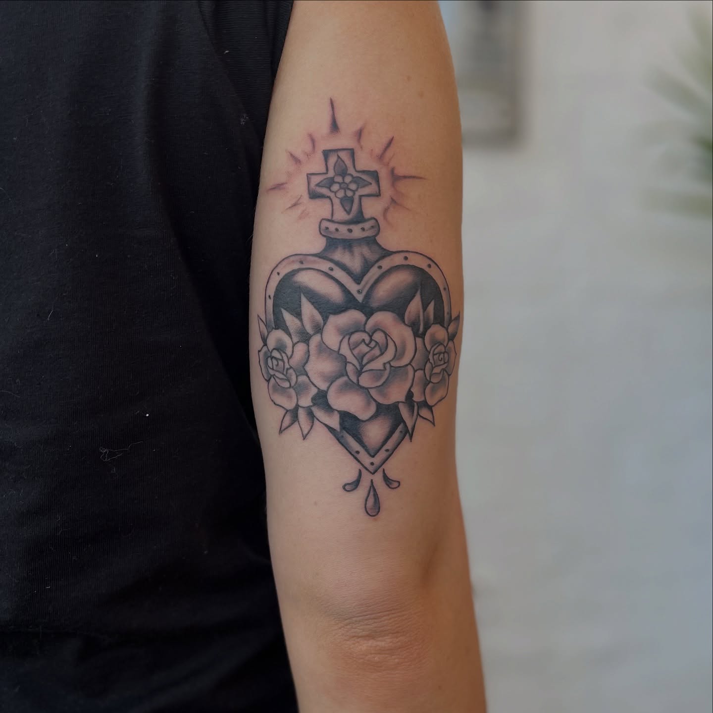 Heart with roses and cross black and grey tattoo on the forearm by ✨ Chris ✨