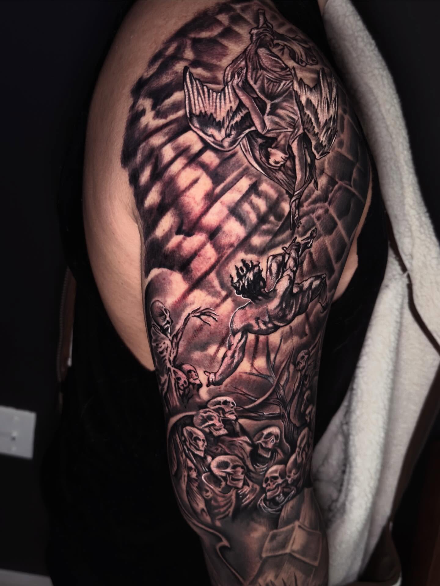 Dark fantasy scene dark realism tattoo on the forearm by Eric Zuluaga