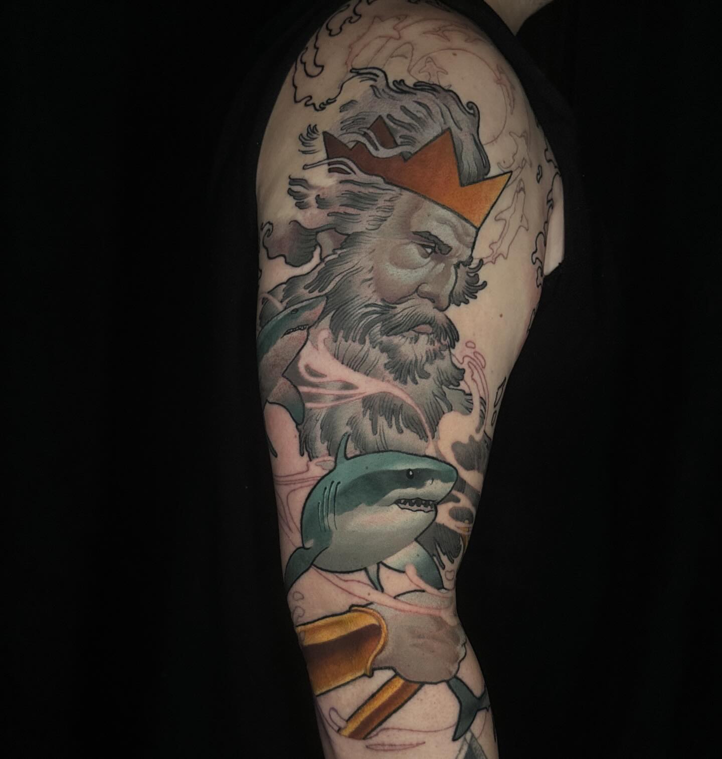 King with shark American traditional tattoo on the forearm by Nathan Thomas
