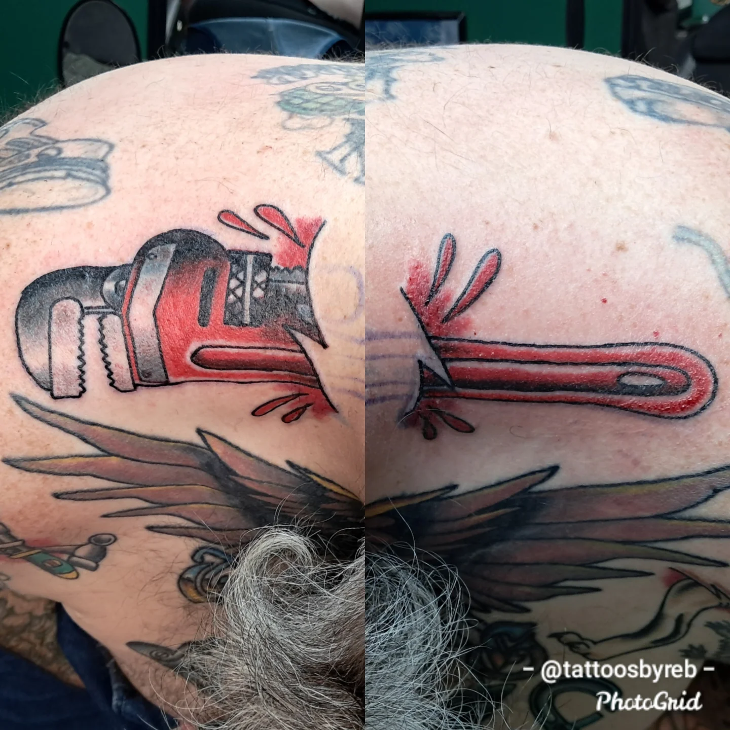 Pipe wrench American traditional tattoo on the thigh by Reb Fularz