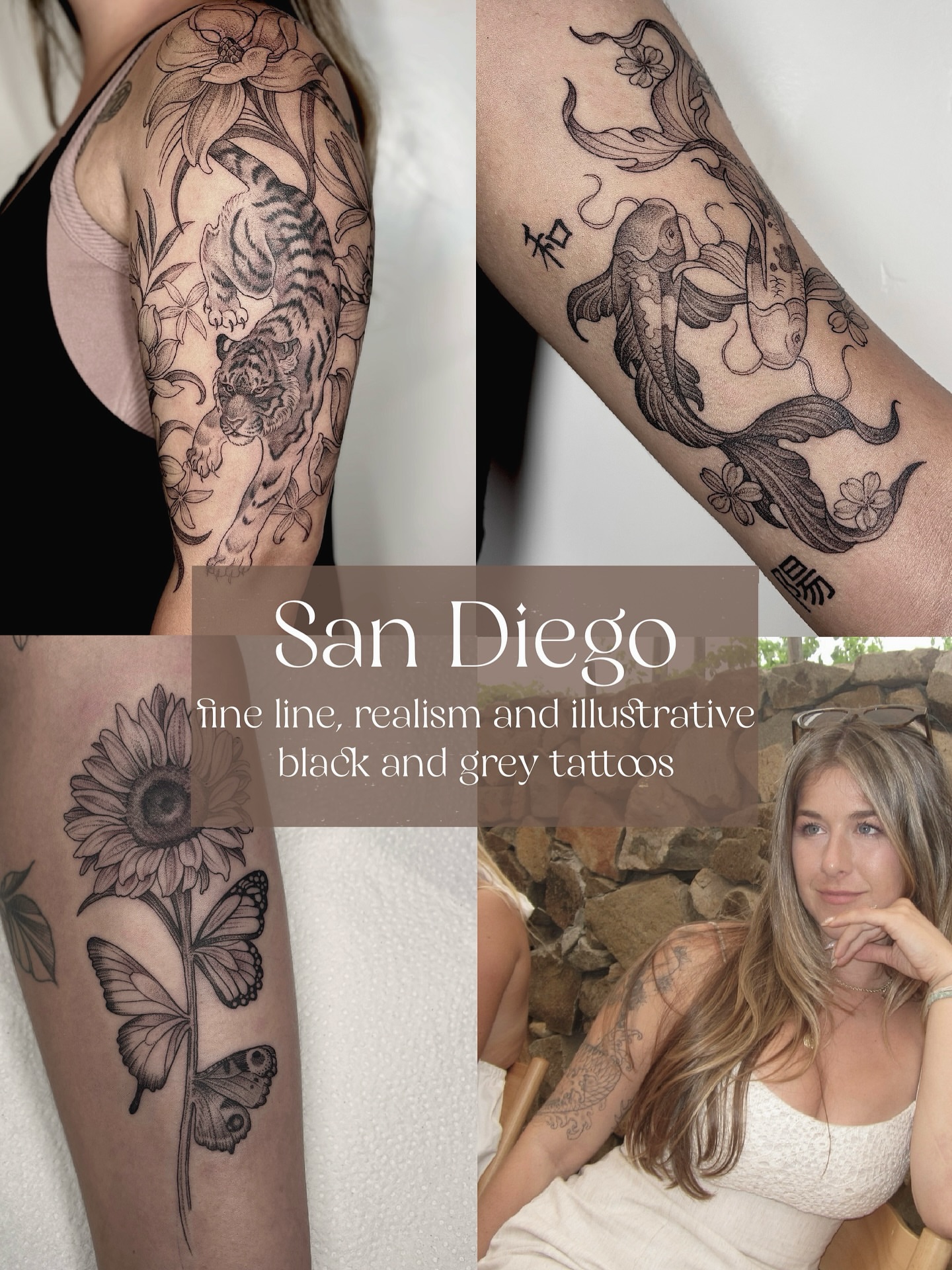 Tiger and flowers fine line tattoo on the upper arm by Fineline tattoos by Kinsey