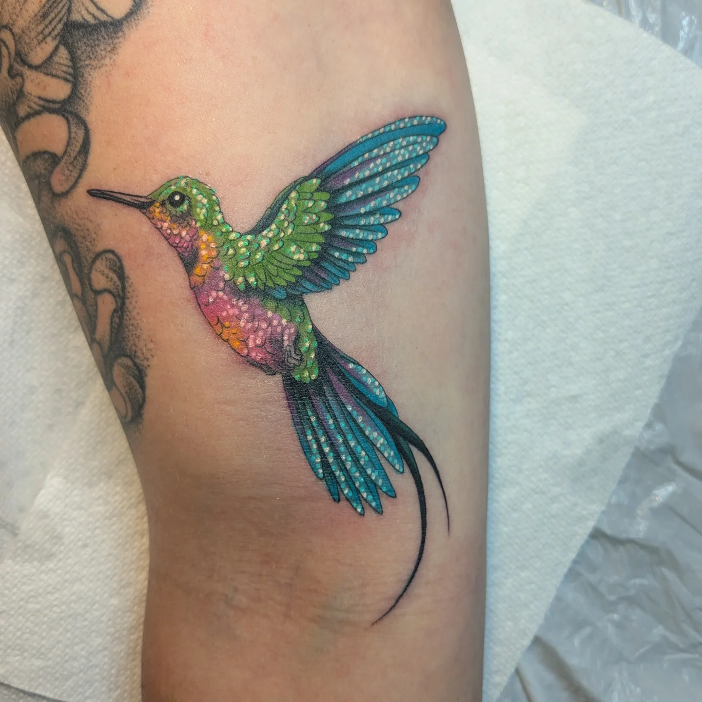 Hummingbird dotwork tattoo on the forearm by Jessica Thomas Fleischman, Morganton, North Carolina