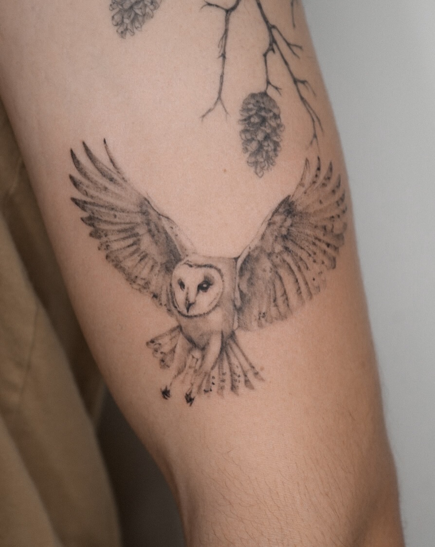Owl dotwork tattoo on the forearm by Blackwork & microrealism tattoos