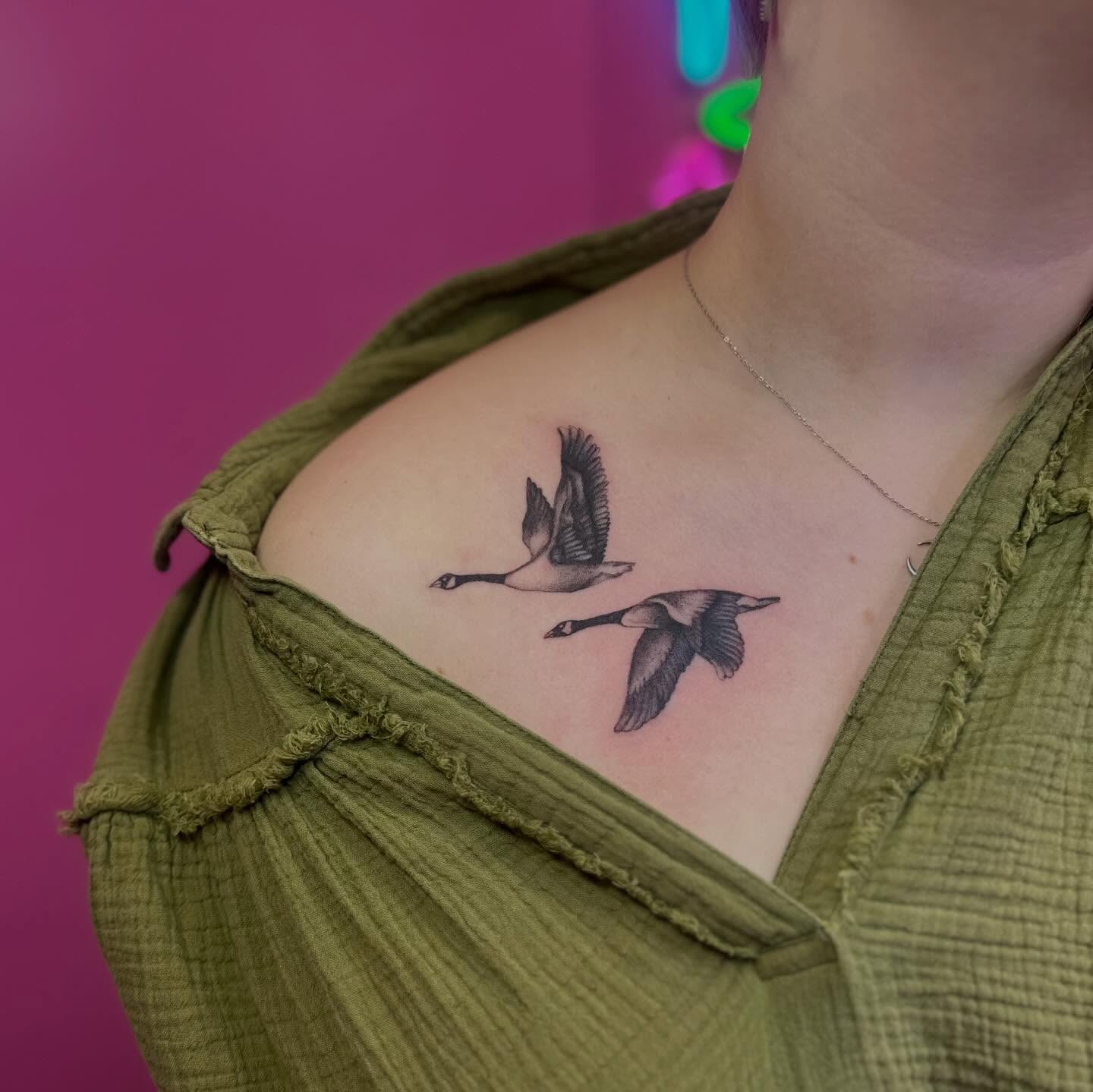 Geese realism tattoo on the shoulder by Vegas Tattoo Mommy ๐๐, Las Vegas, Nevada