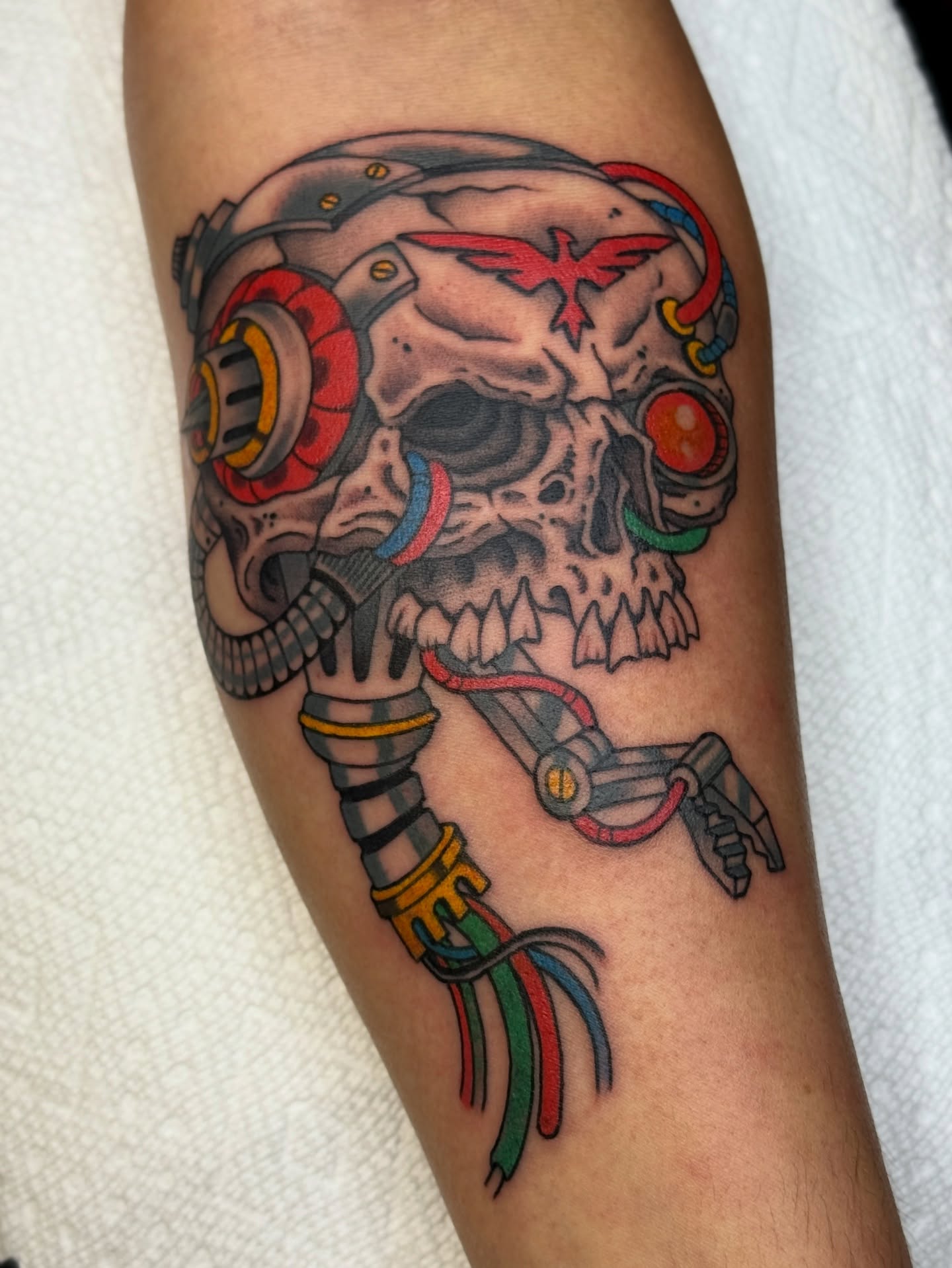 Cyborg skull neo-traditional tattoo on the forearm by Christopher  Cousins, Nashville, Tennessee