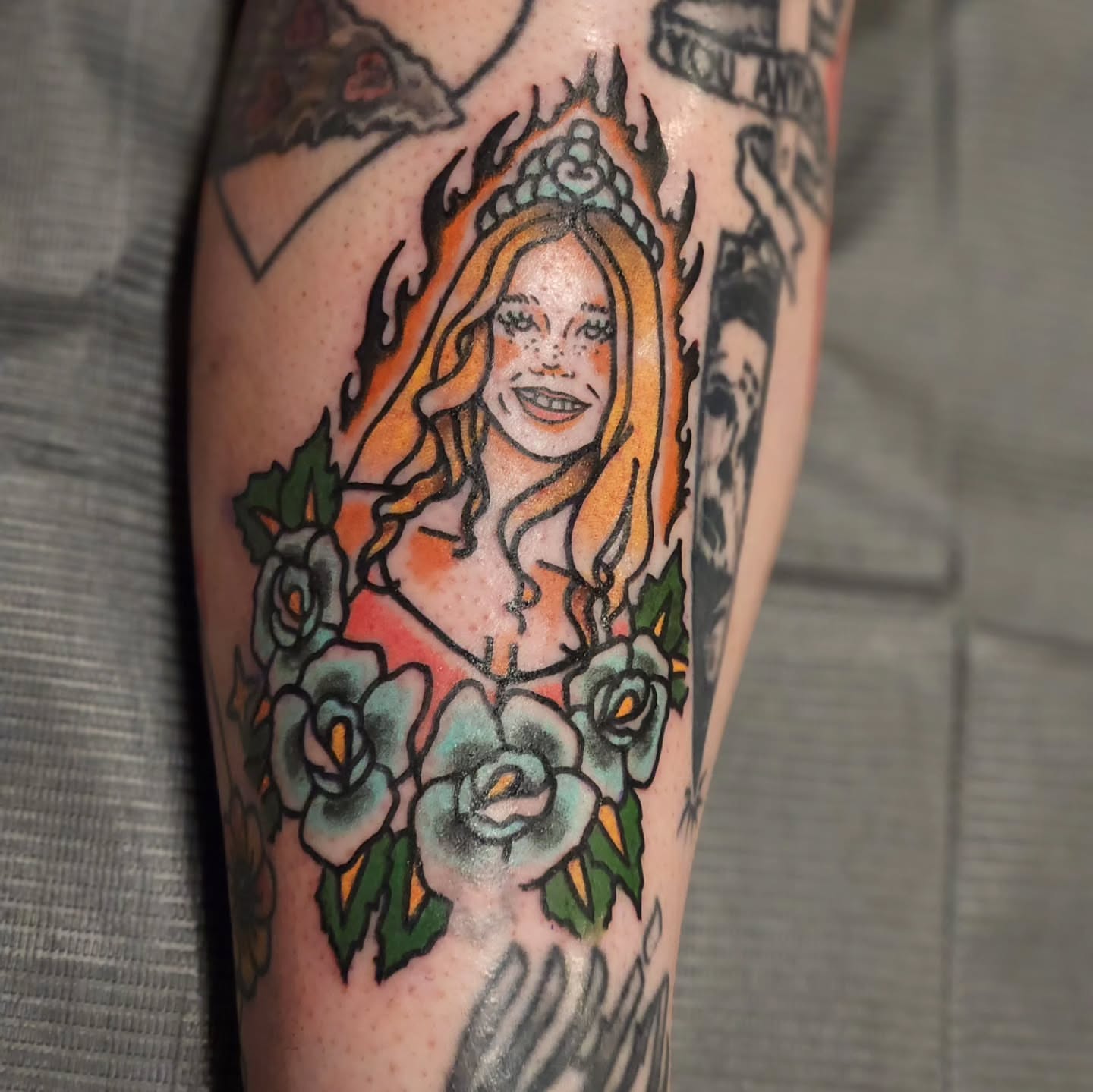Flame-woman American traditional tattoo on the forearm by Sonya ๐ฟ๐ธ๐พ