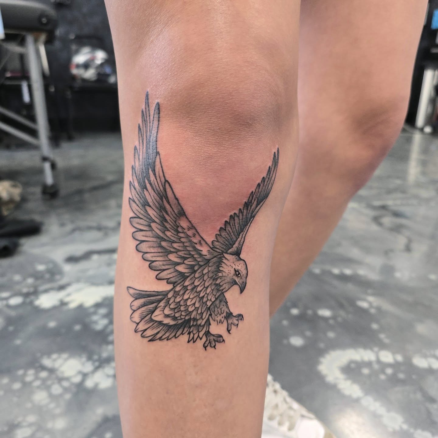 Eagle black and grey tattoo on the thigh by Jon Griffin, Maryville, Tennessee