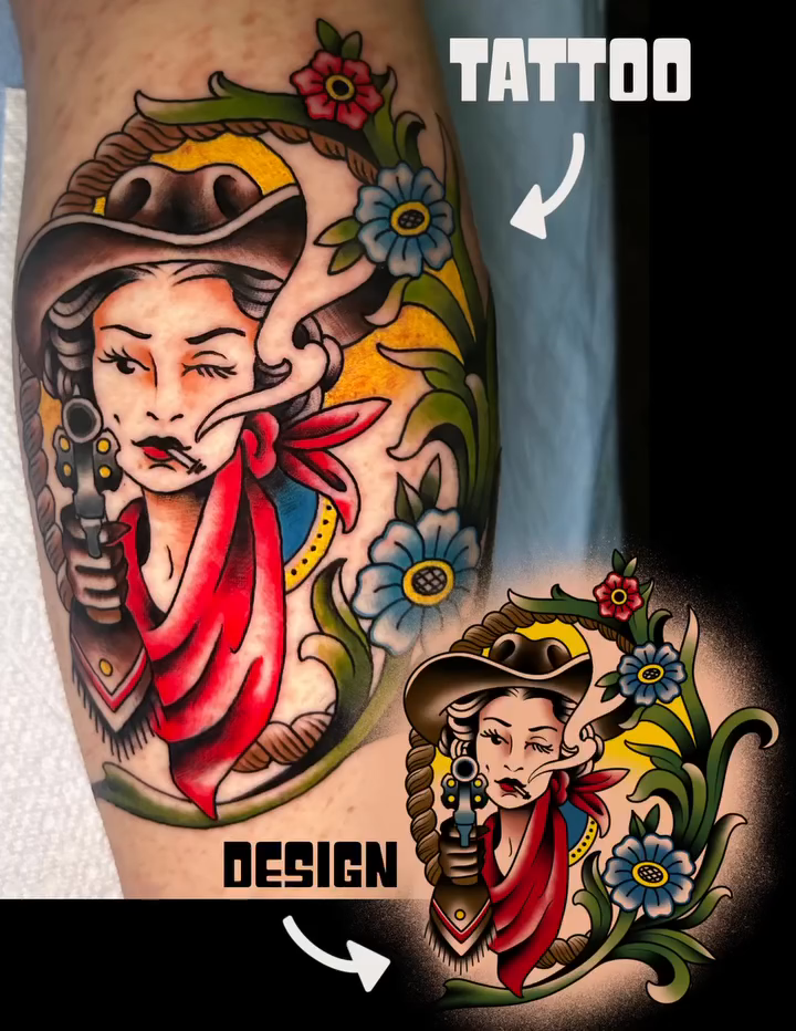 Cowgirl with gun neo-traditional tattoo on the chest by Olivia Marie