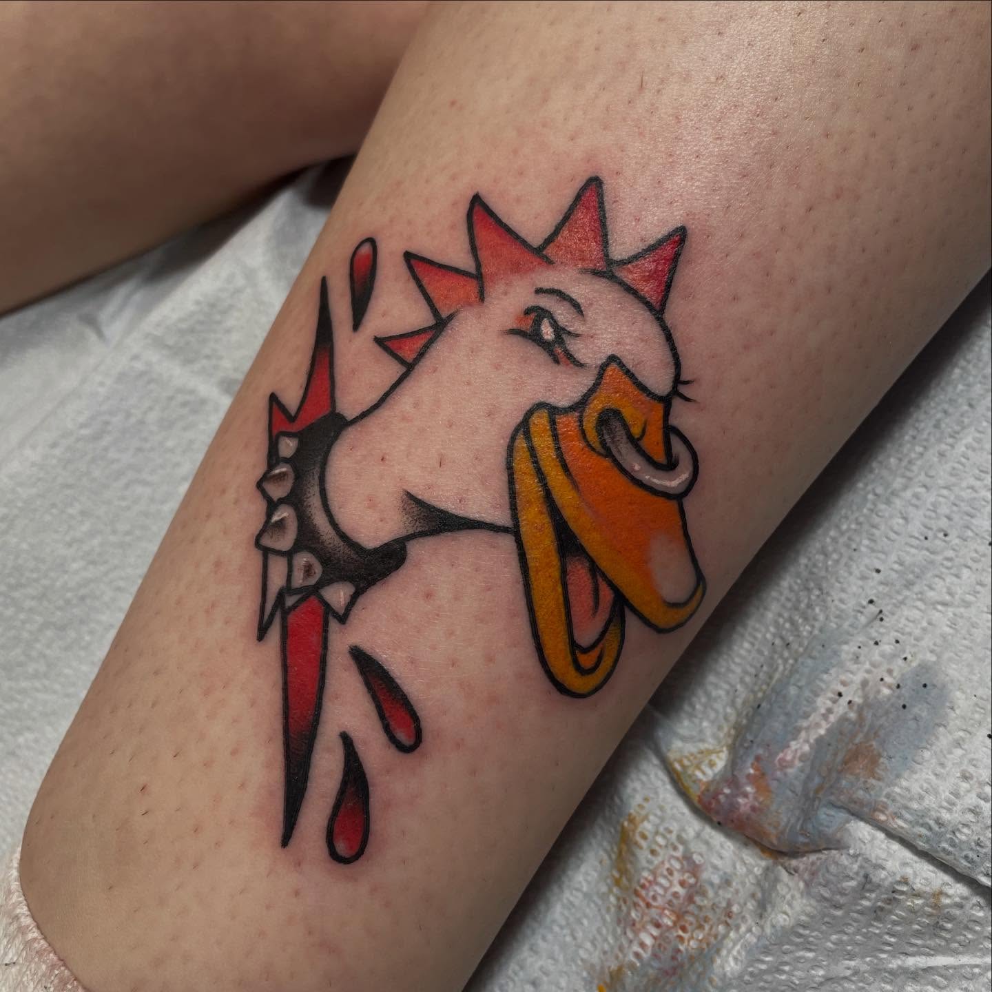 Rooster American traditional tattoo on the forearm by Fionna Fanning