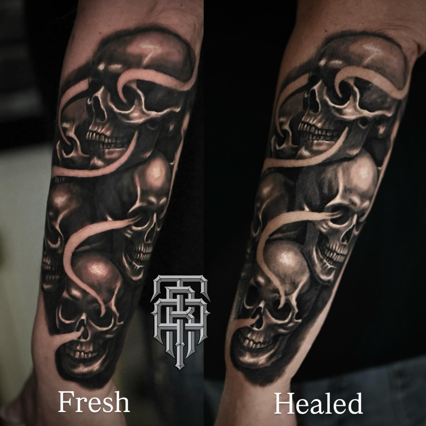 Skulls realism tattoo on the forearm by Art Lopez