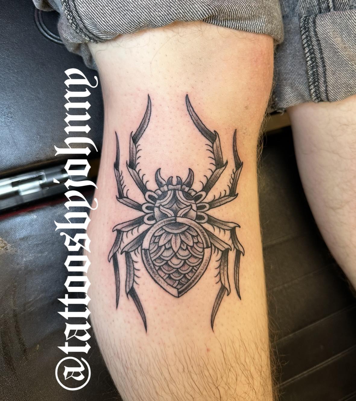 Spider black and grey tattoo on the forearm by Johnny Sepulveda