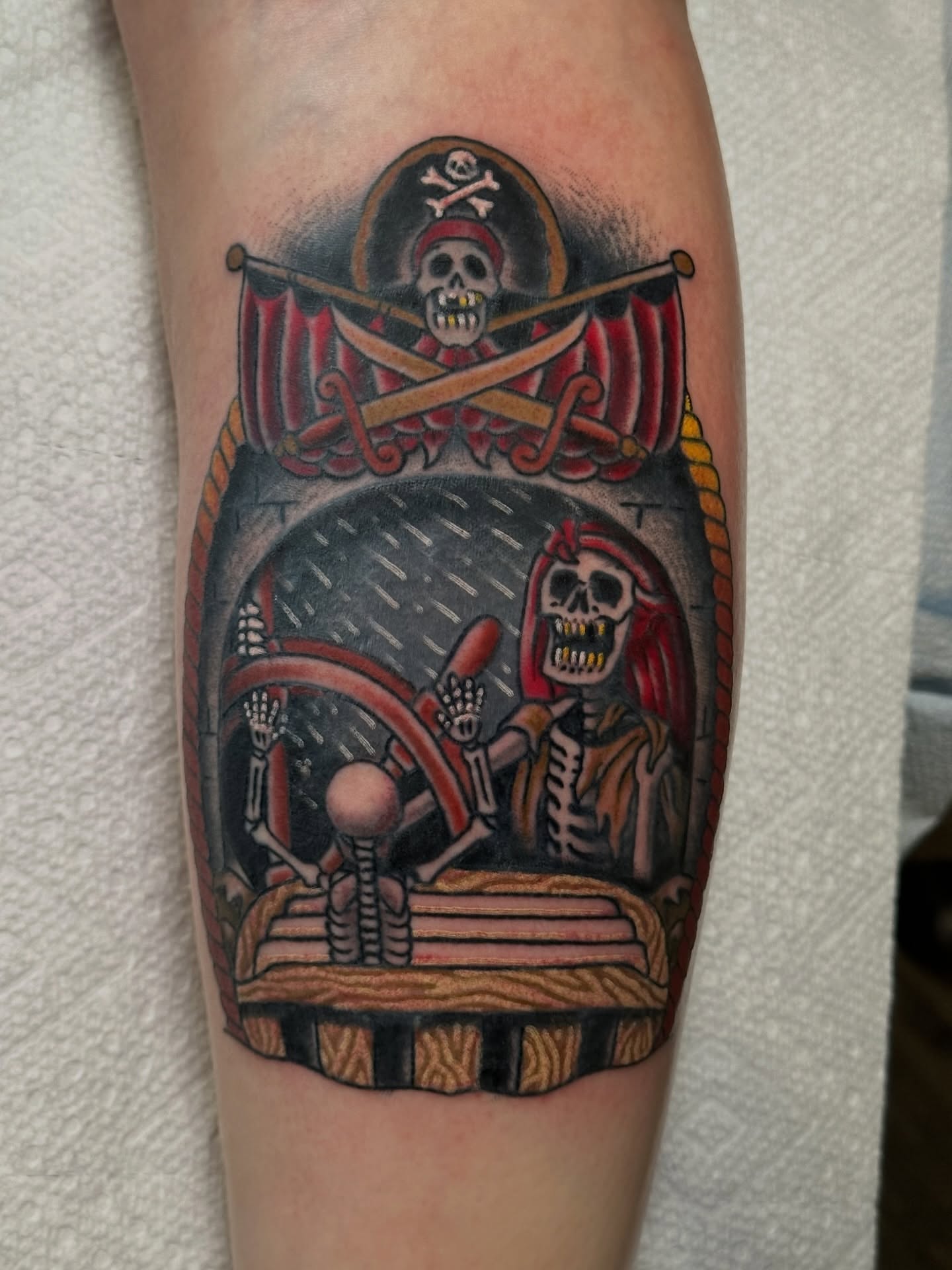 Pirate skeleton American traditional tattoo on the forearm by Brandon Bear