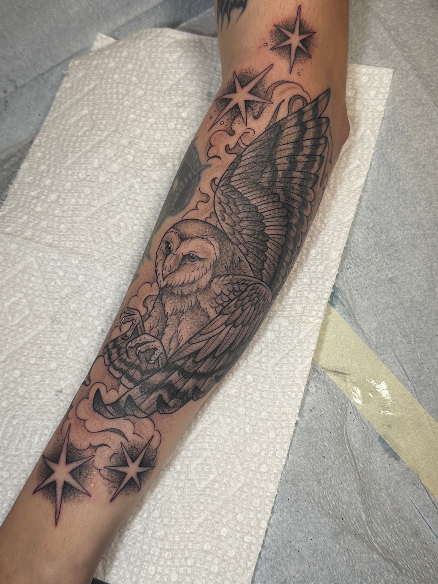 Owl dotwork tattoo on the forearm by Tattooing by Patty Valentine