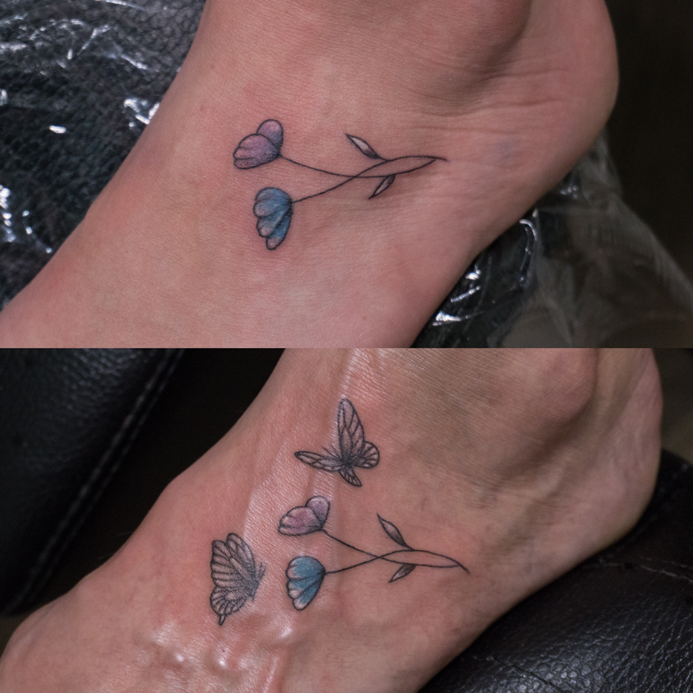 Flowers and butterflies dotwork tattoo on the foot by Donald Voelker