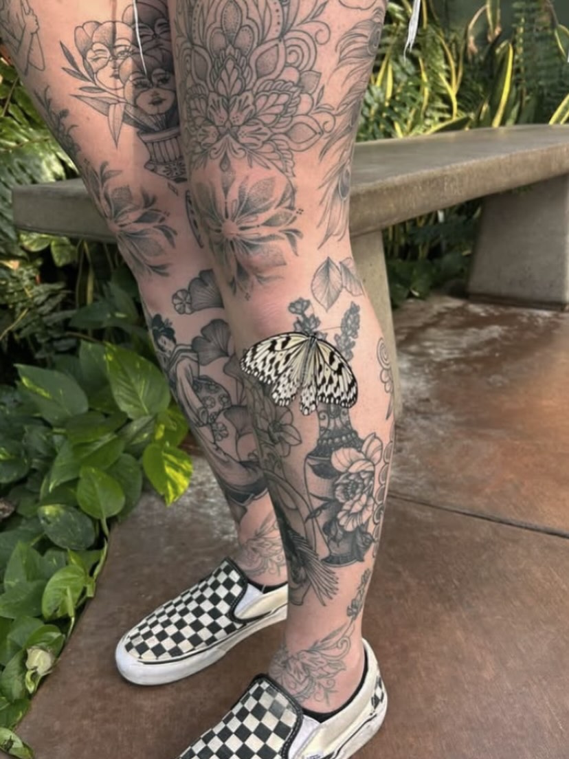 Butterfly black and grey tattoo on the calf by K A R L y K I T S O N