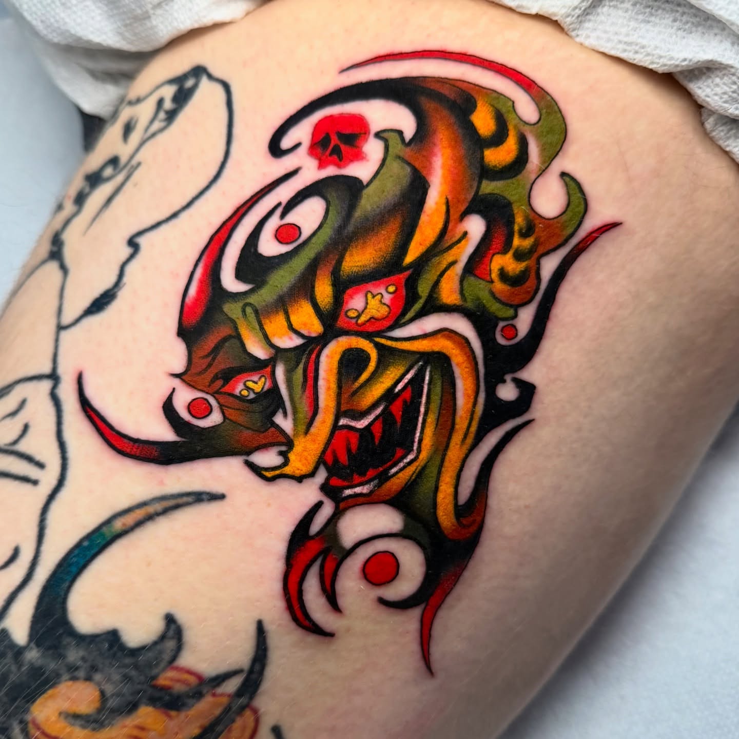 Demon American traditional tattoo on the thigh by sydtatz