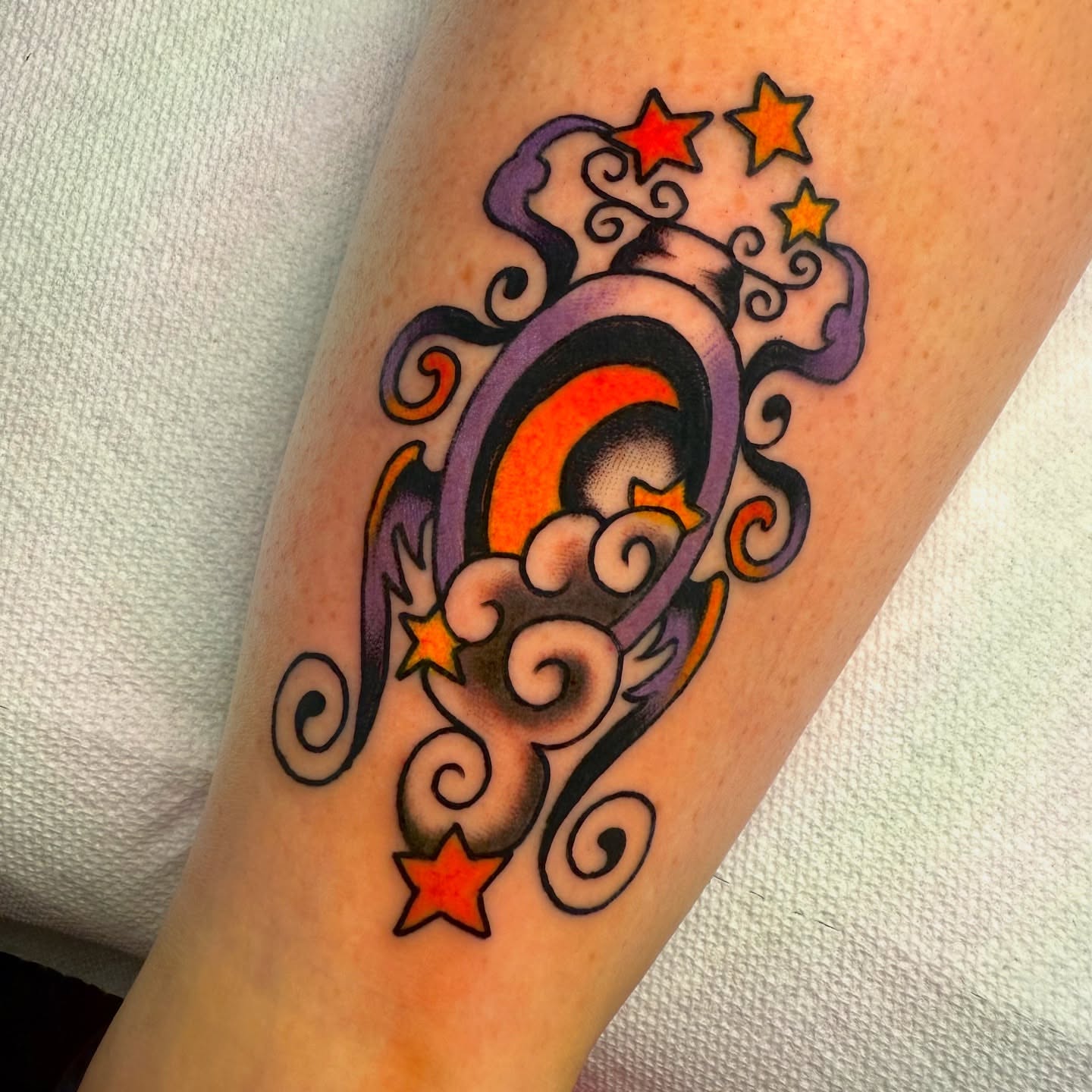 Moon and stars American traditional tattoo on the forearm by sydtatz