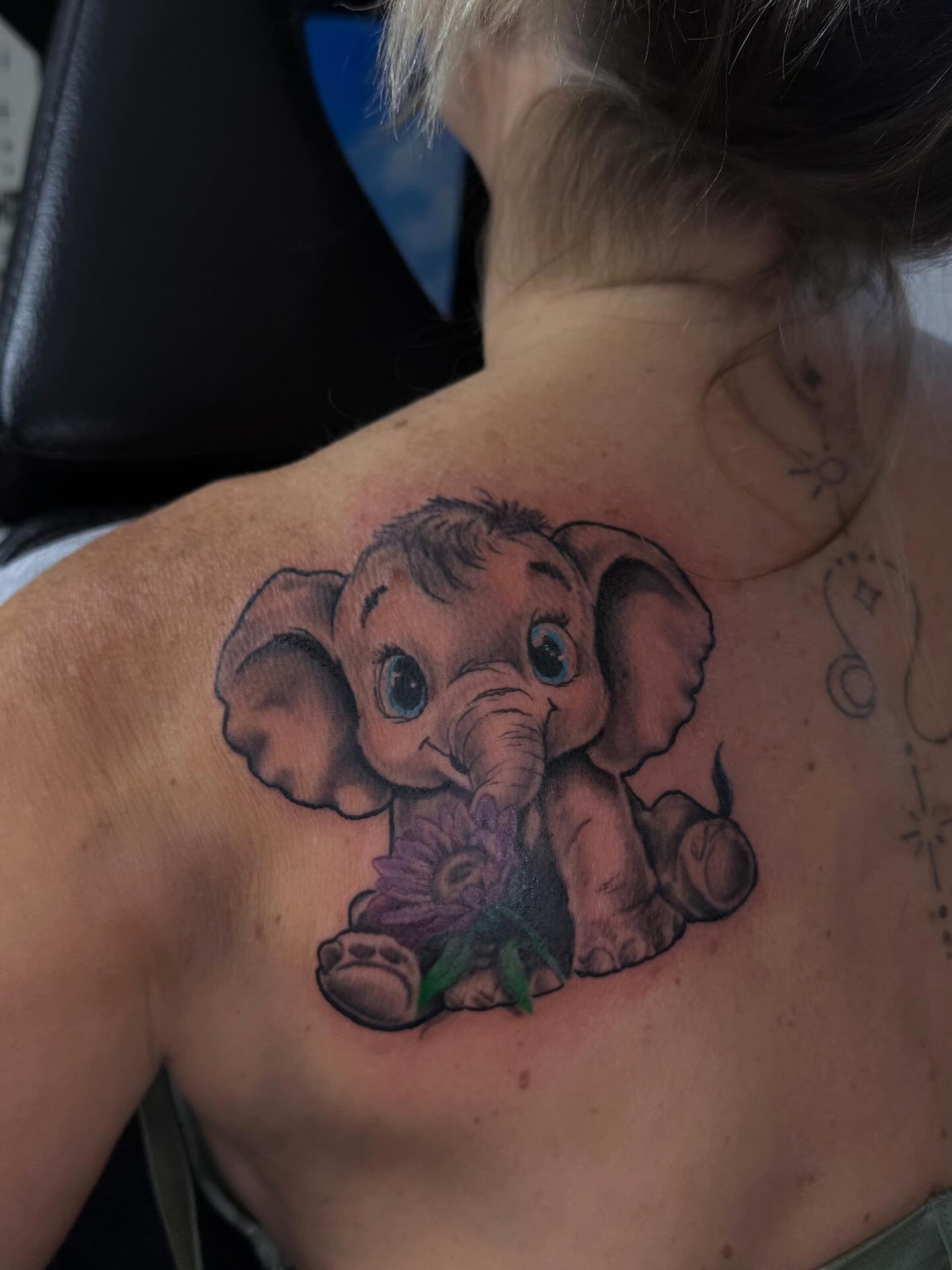 Baby elephant realism tattoo on the shoulder by Lu Ve, Dayton, Ohio