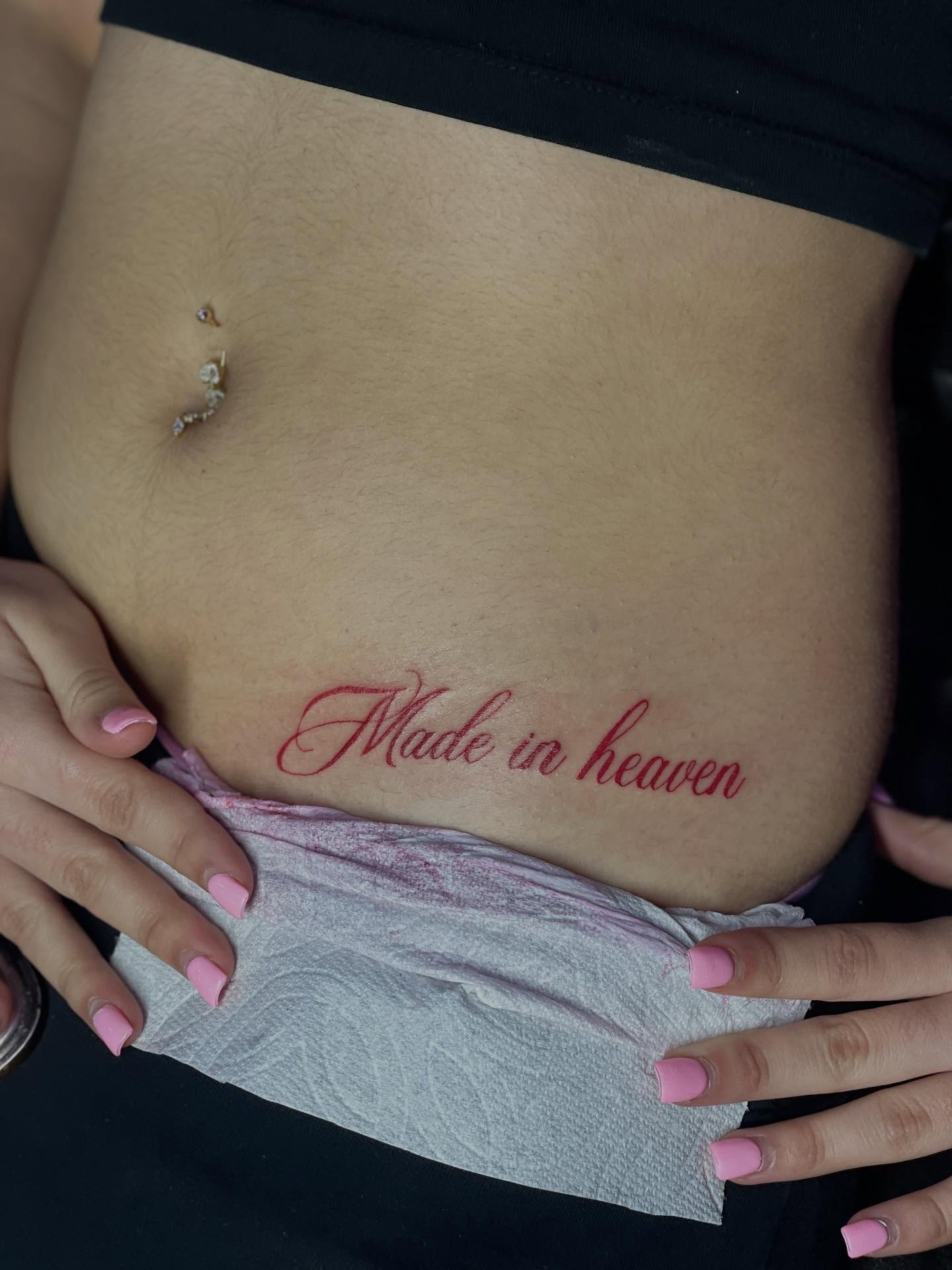 Made in heaven lettering script tattoo on the torso by 😈headhuncho😈