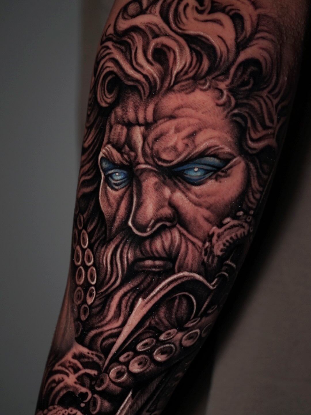 God-like face realism tattoo on the forearm by Sabrina Lakhaysy, Fort Worth, Texas