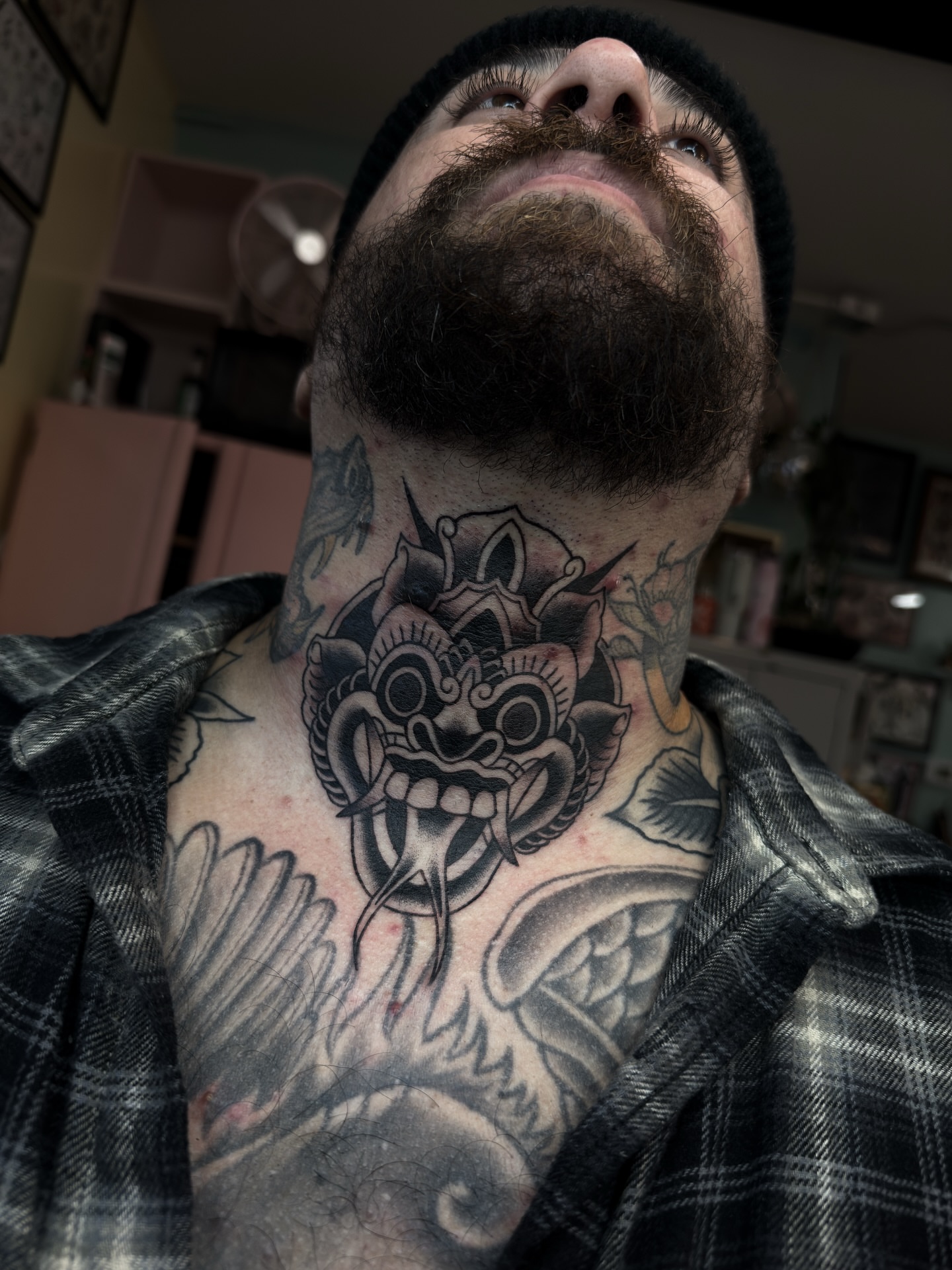Mask American traditional tattoo on the chest by ⚔️Andreas Dolleschal⚔️