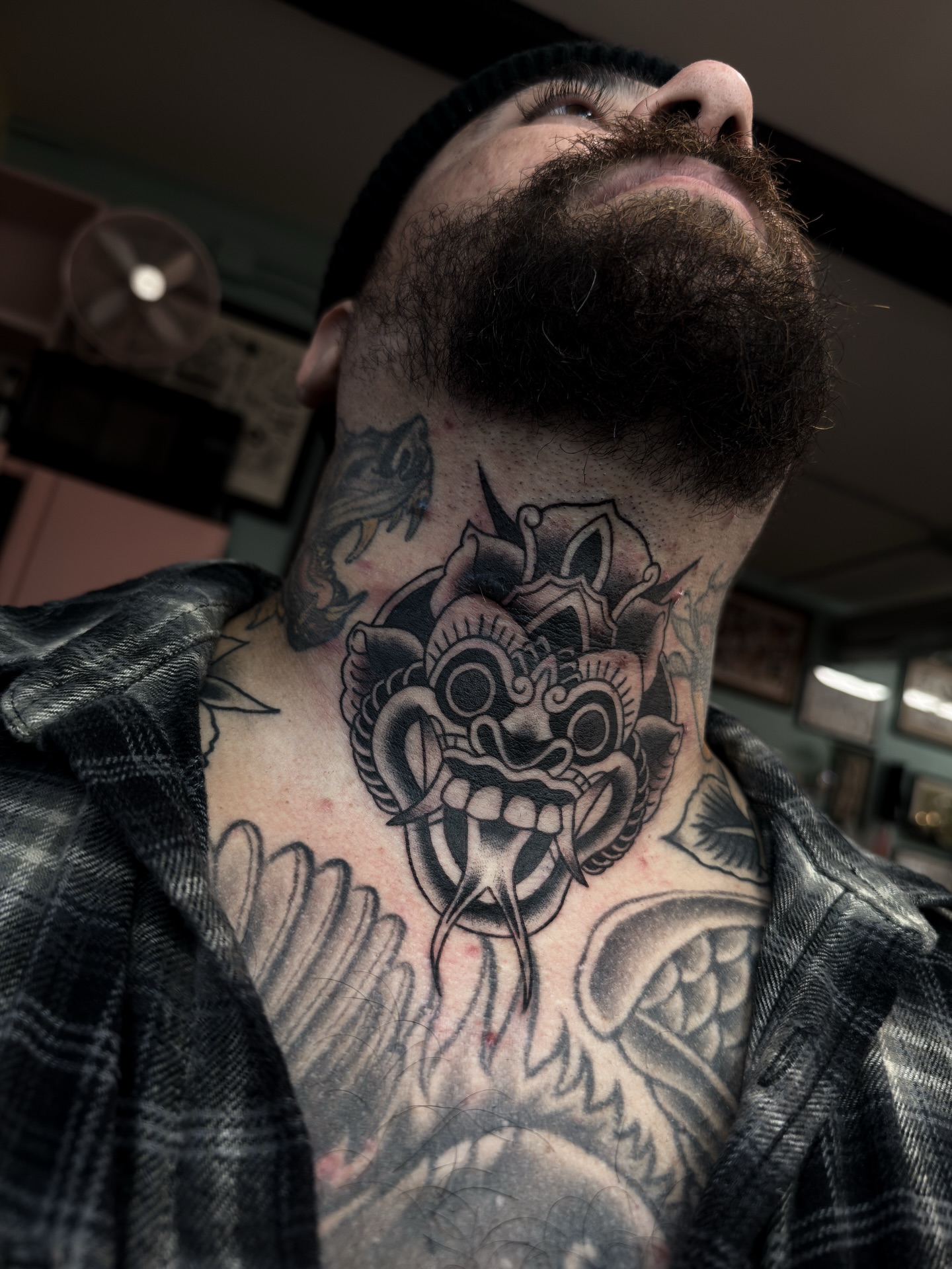 Demon mask American traditional tattoo on the chest by ⚔️Andreas Dolleschal⚔️