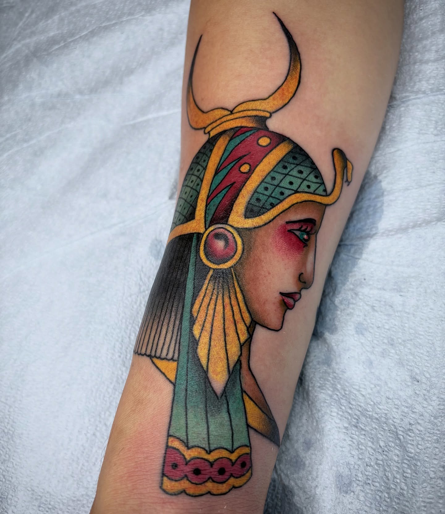 Ancient warrior American traditional tattoo on the forearm by Adam Bailey, Portland, Oregon