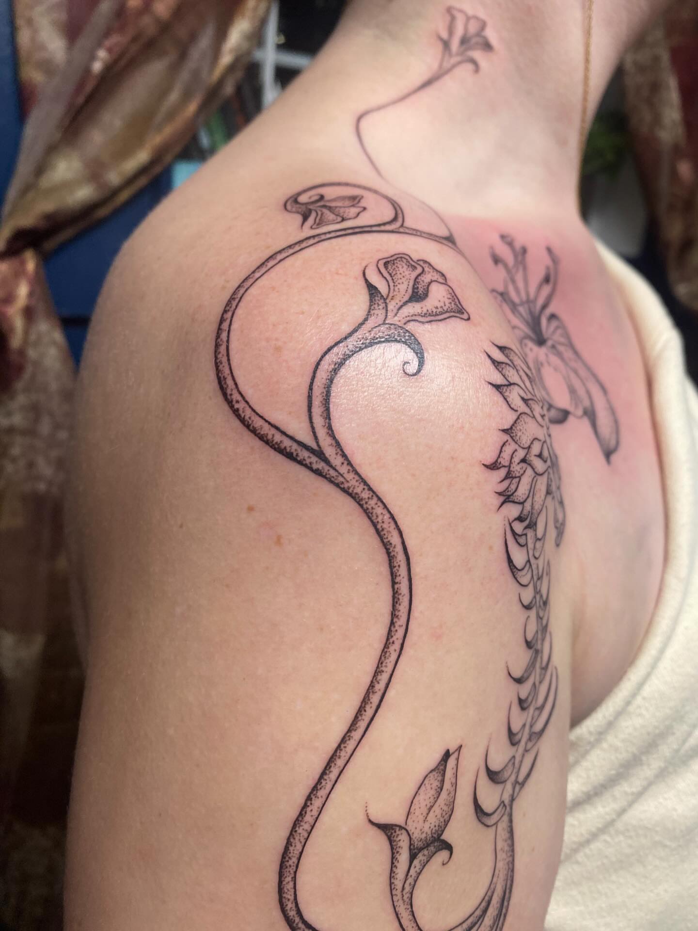 Serpent and flowers dotwork tattoo on the shoulder by Jesikah Rapp