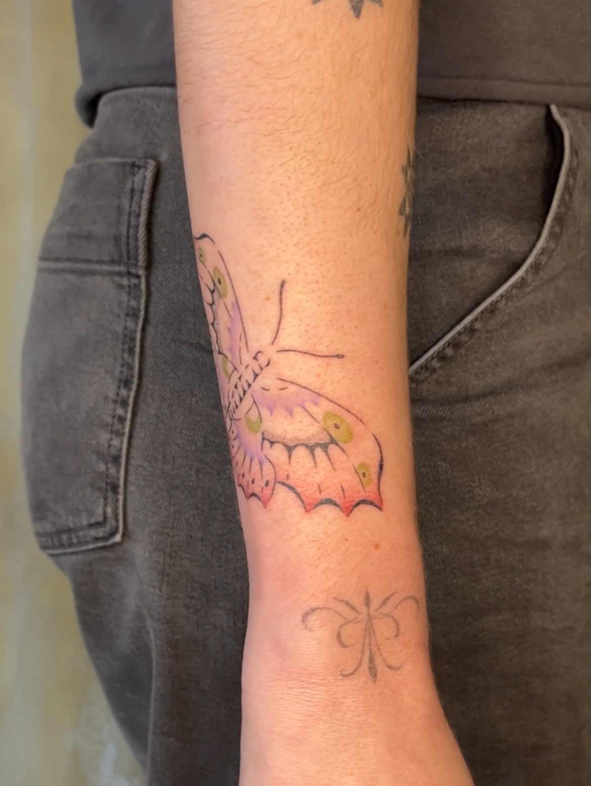 Butterfly dotwork tattoo on the forearm by mia