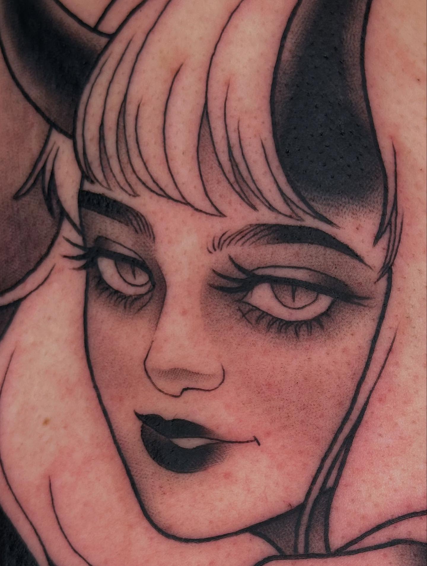 Woman's face black and grey tattoo on the head by ✨ Mandy Foster - Bremerton Tattoo Artist✨, Bremerton, Washington