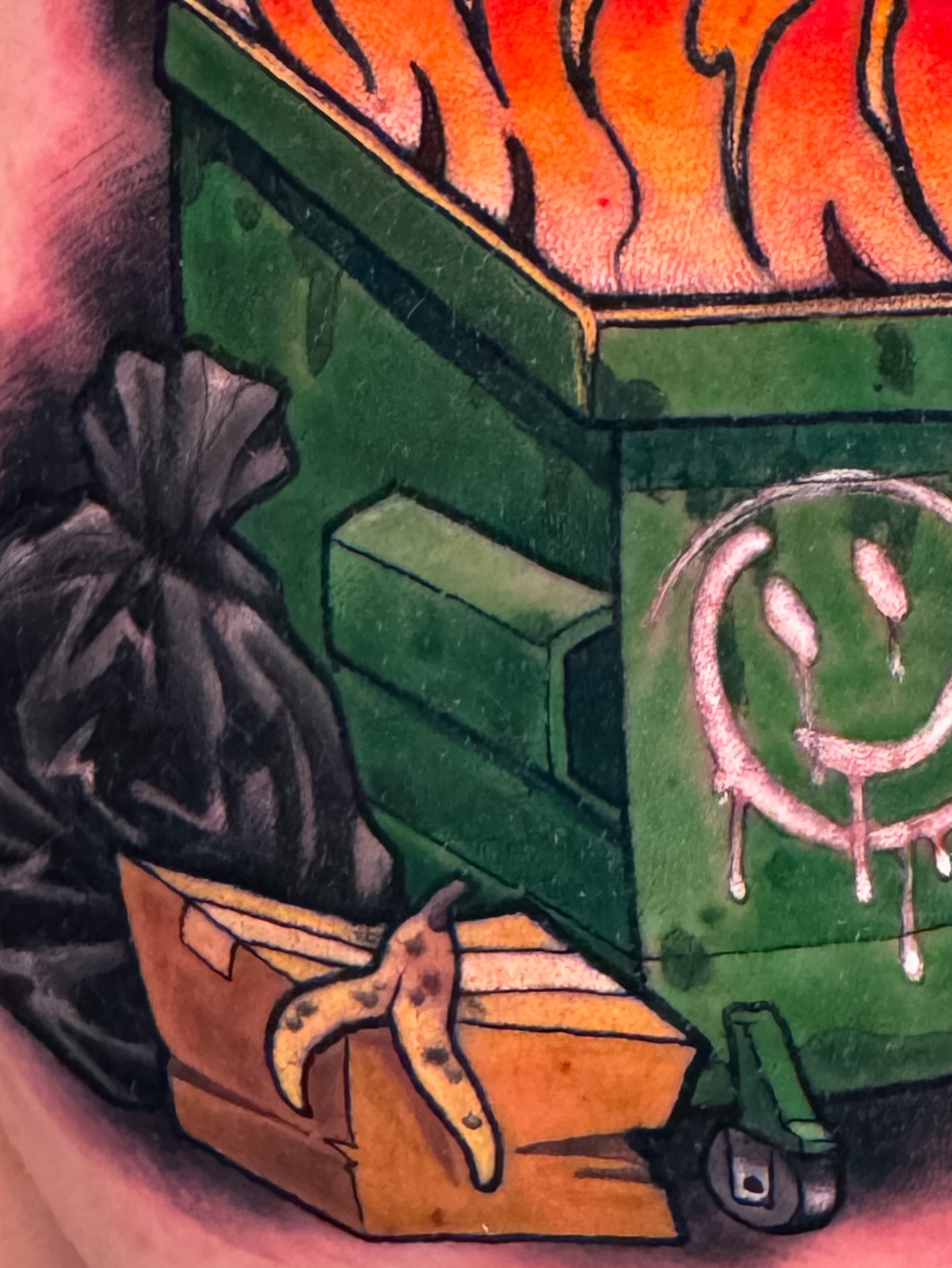 Trash can with flames trash polka tattoo by Austin Britt