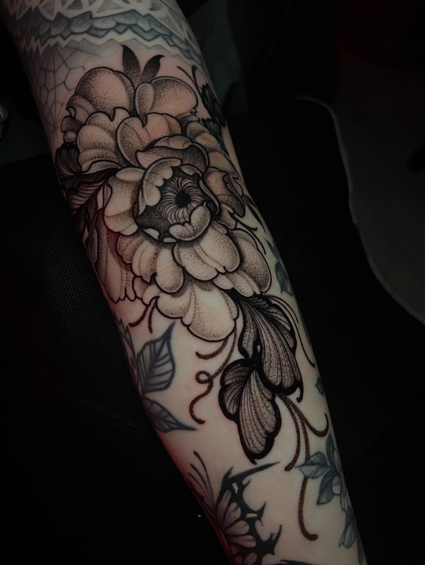 Peony dotwork tattoo on the forearm by πΊπππππ π»πππππππ