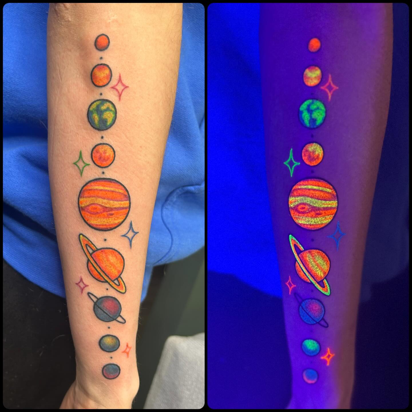 Solar system planets dotwork tattoo on the forearm by Mary Rose Heckle