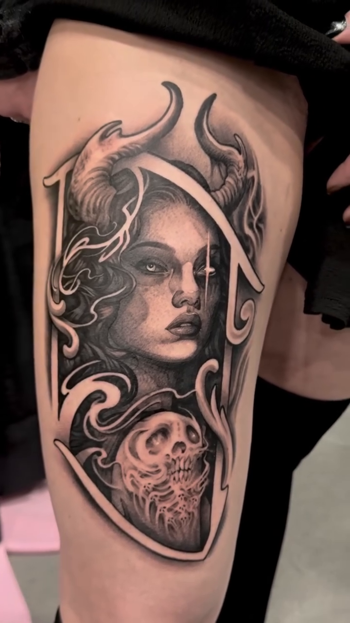 Demon woman with skull dark realism tattoo by π΅ππππ π―πππππππ