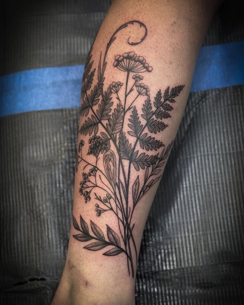 Botanical black and grey tattoo on the forearm by 𝔻𝕖𝕣𝕣𝕚𝕔𝕜 𝔹𝕦𝕪𝕖𝕒, East Aurora, New York