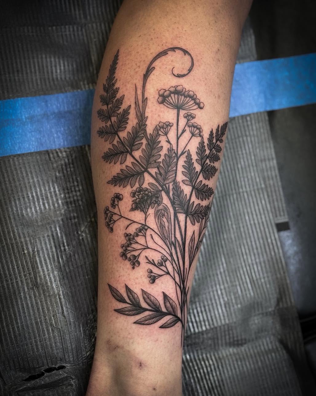 Botanical black and grey tattoo on the forearm by 𝔻𝕖𝕣𝕣𝕚𝕔𝕜 𝔹𝕦𝕪𝕖𝕒, East Aurora, New York