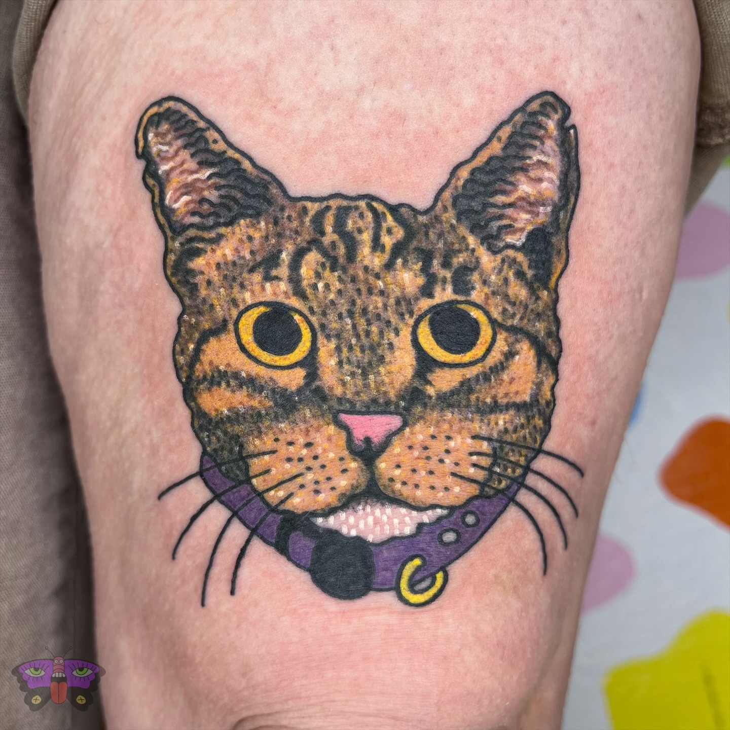 Cat dotwork tattoo on the thigh by Jess Koala, San Francisco, California