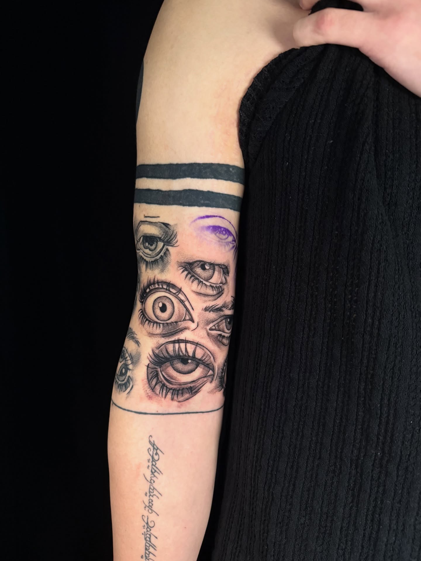 Eyes black and grey tattoo on the forearm by z o y a, Seattle, Washington