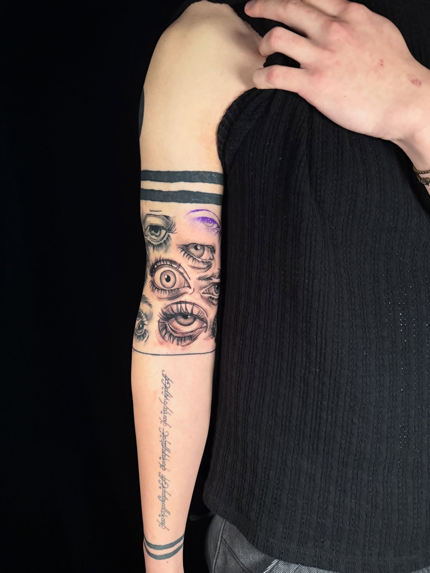 Eyes black and grey tattoo on the forearm by z o y a, Seattle, Washington