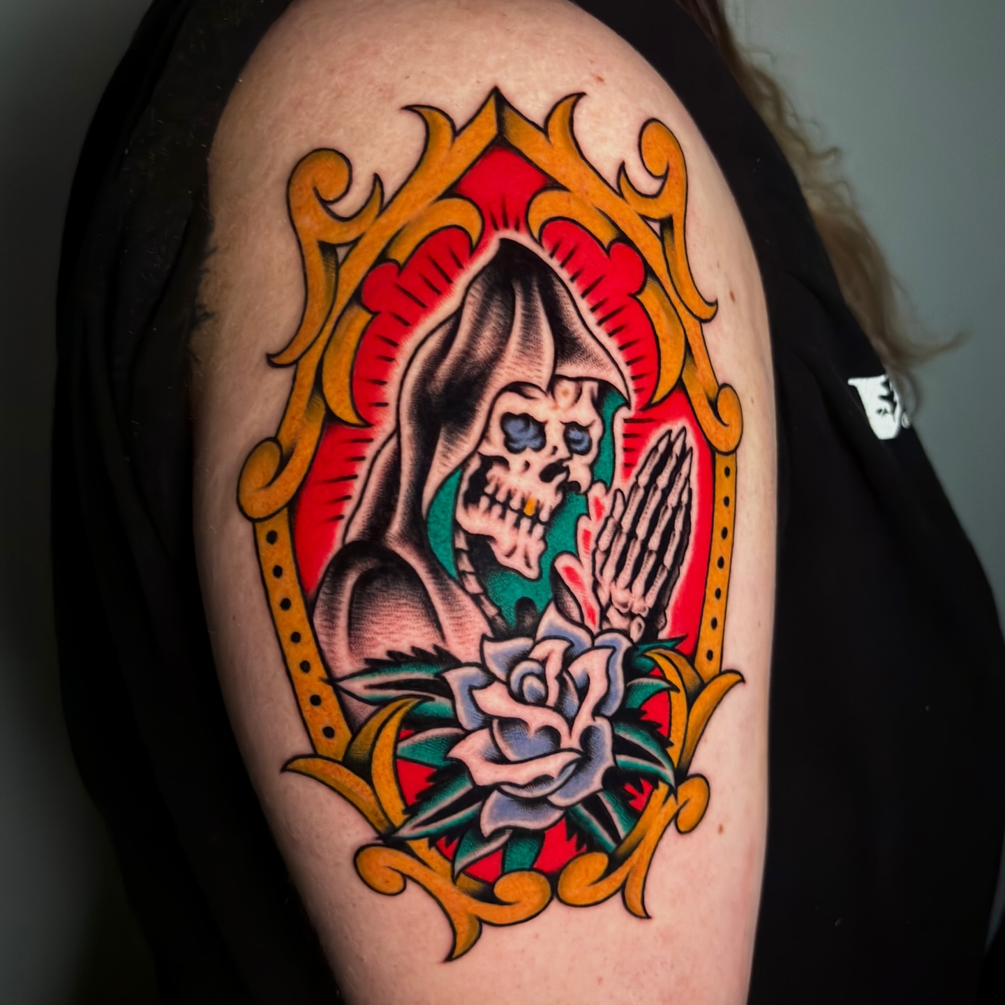 Death with rose American traditional tattoo on the shoulder by Matt Elliott, Murfreesboro, Tennessee