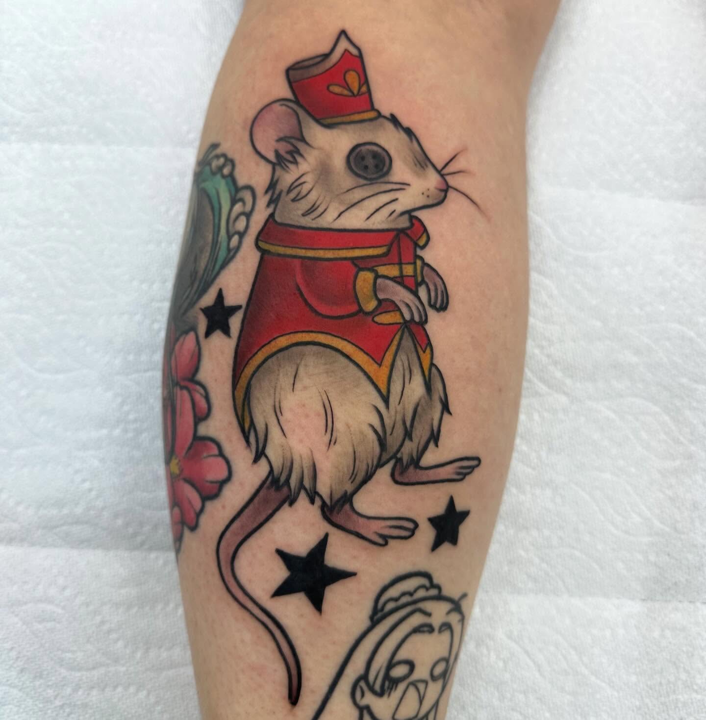 Mouse in red coat American traditional tattoo on the forearm by mychaela ๐ฑ