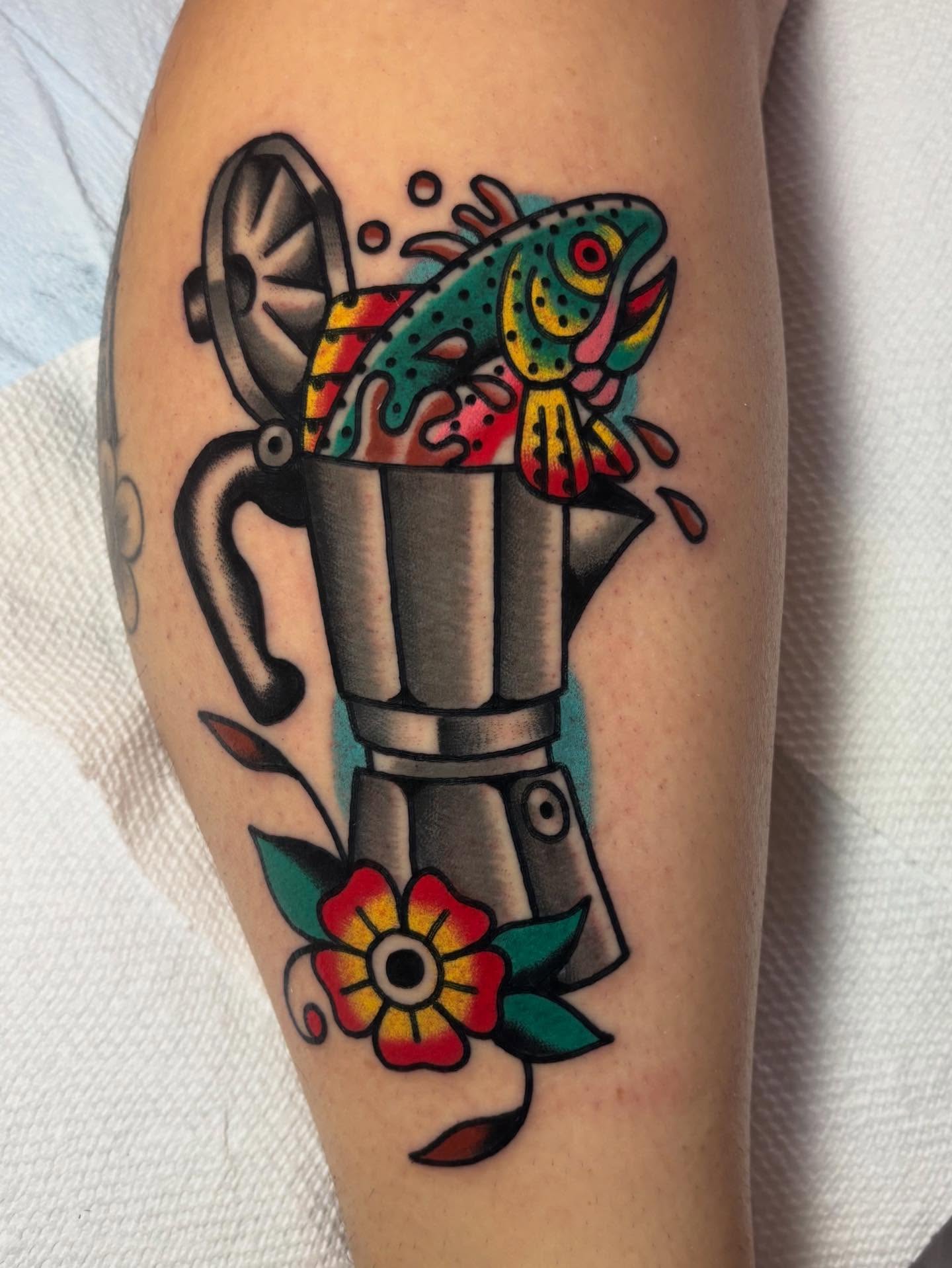 Coffee pot and fish American traditional tattoo on the forearm by Traditional Tattooing