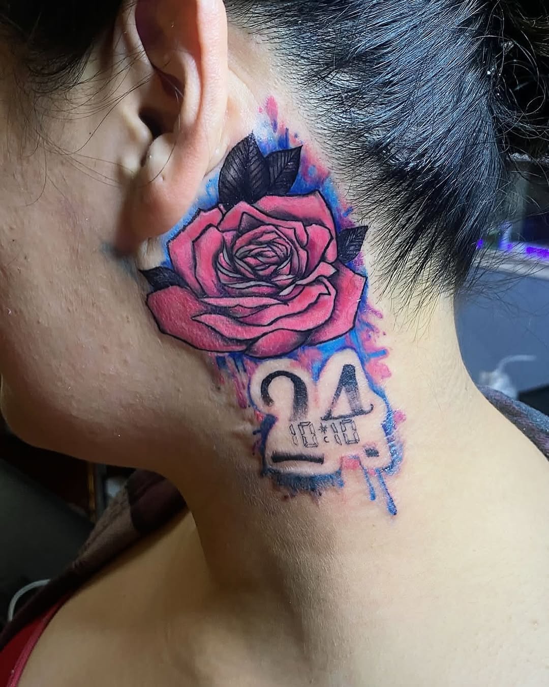 Rose and numbers watercolor tattoo on the neck by Mi♥️Amor♥️Ink