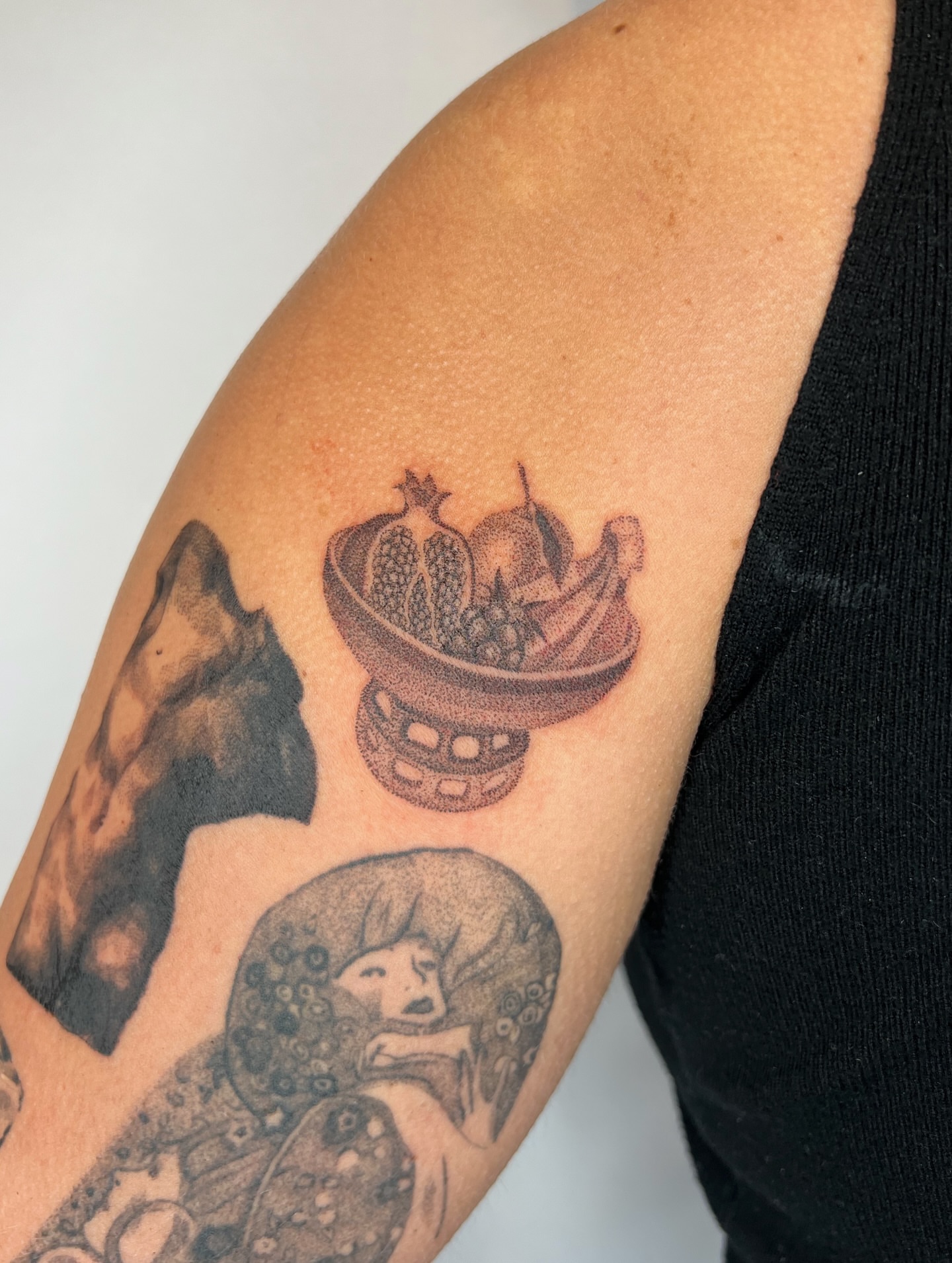 Fruit bowl black and grey tattoo on the forearm by kait ❃ hartman