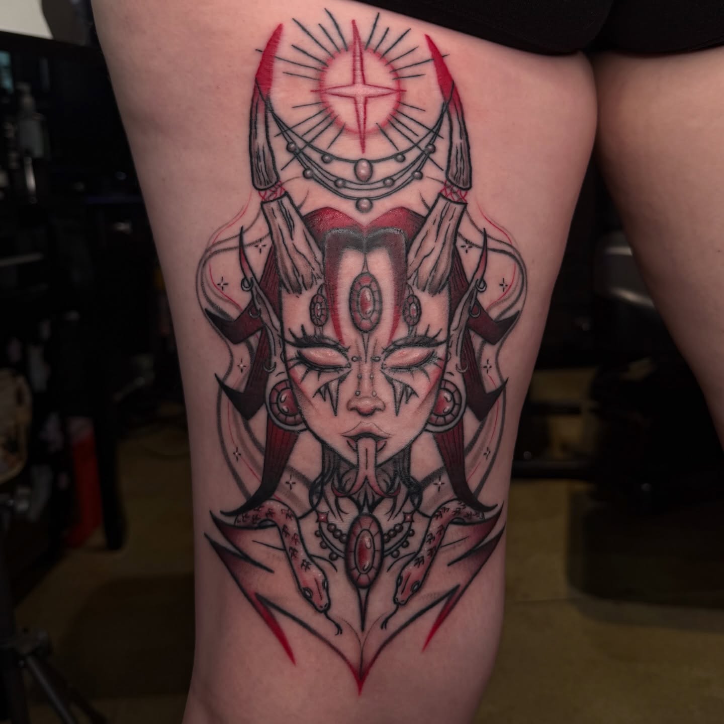 Demon-like face dark realism tattoo on the thigh by Chloe Peters 🦭🦄🏳️‍🌈